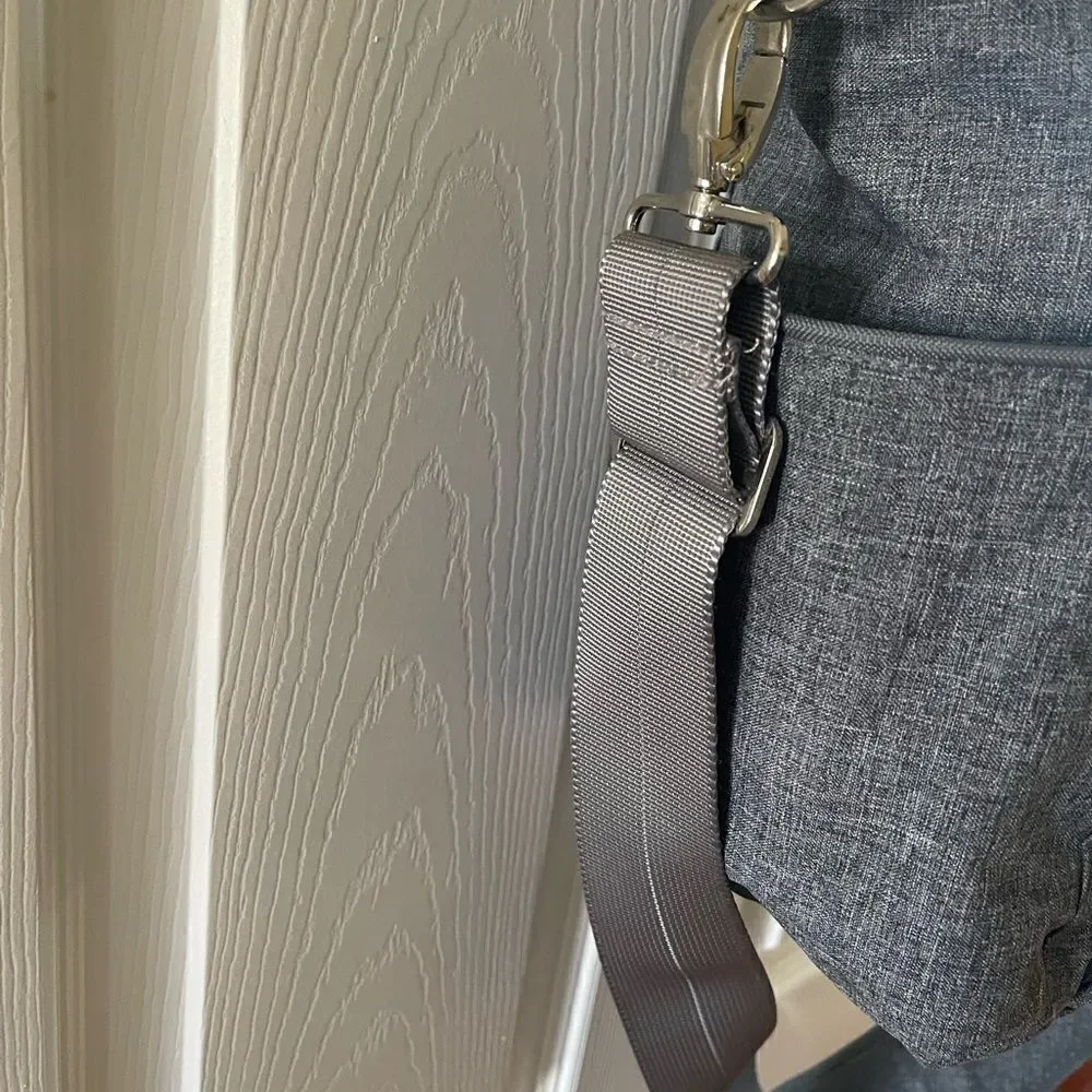 JJ Cole light gray fabric Caprice diaper bag aqua blue lining .